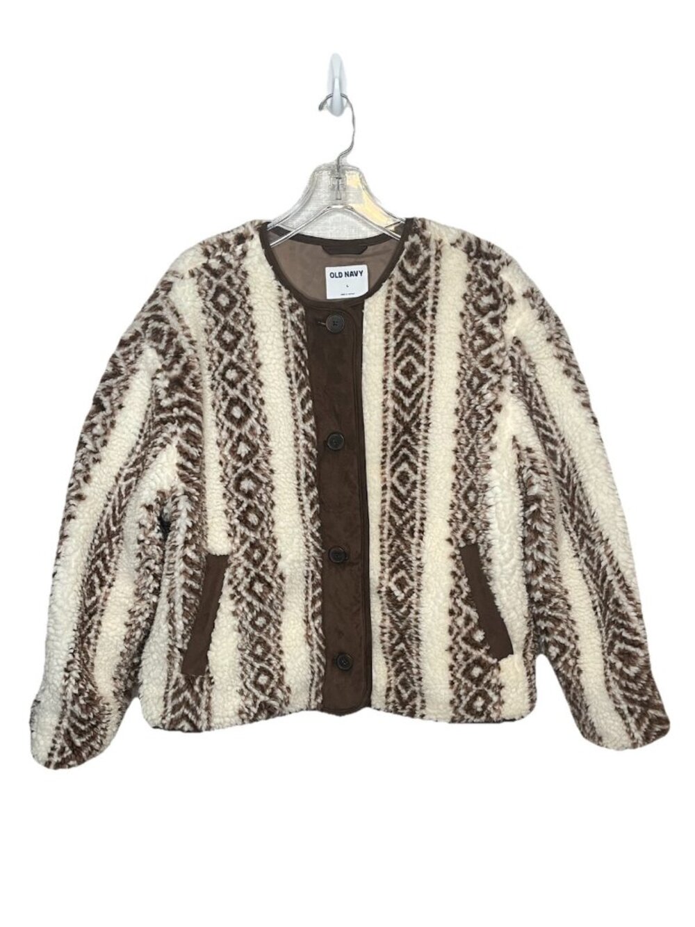 Old Navy Sherpa Fleece Cabincore Jacket L Brown Ivory Aztec Southwestern Coat